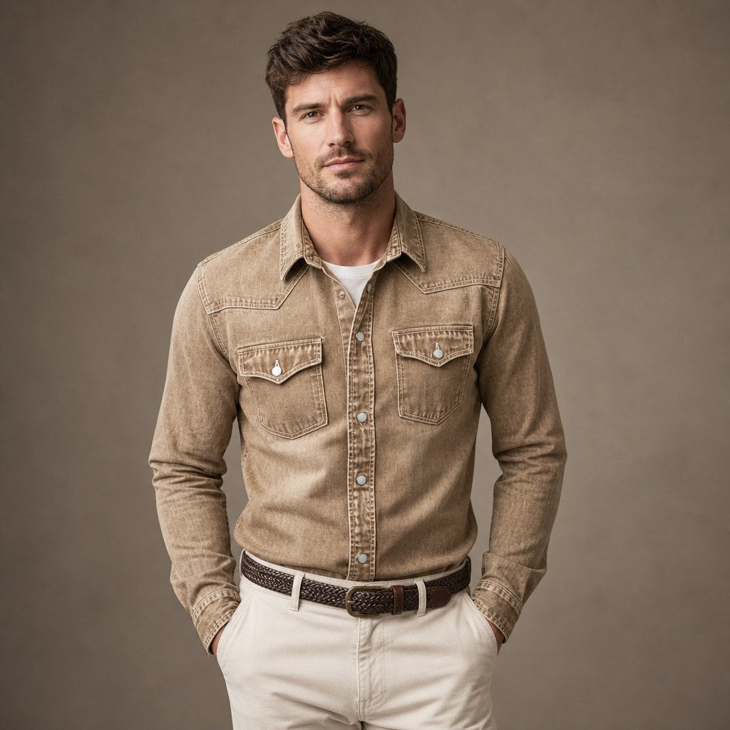 Western Shirt Pearl Snap Washed Finish Brown – Product Photo