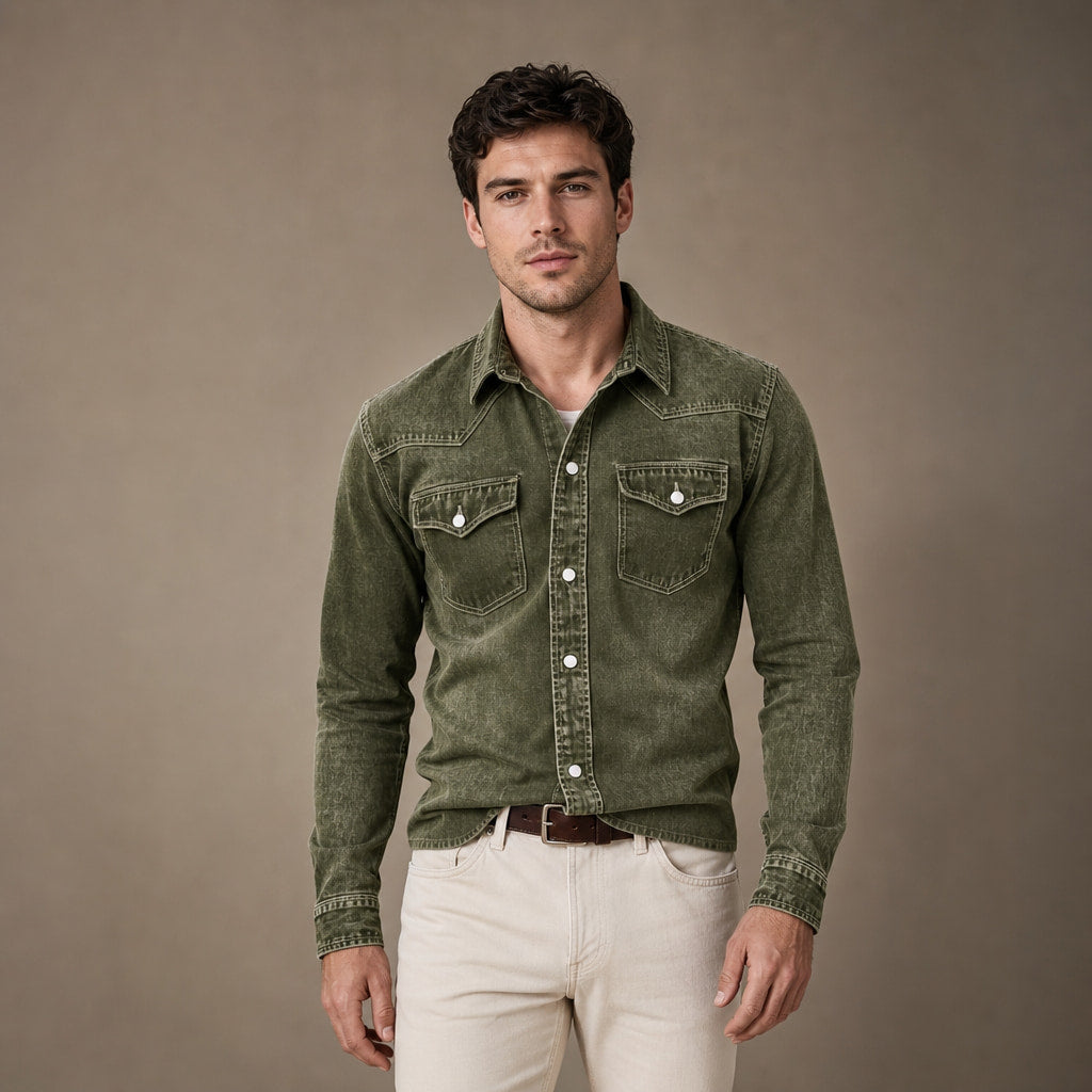 Western Shirt Pearl Snap Washed Finish in Green – Tarlano Premium Menswear