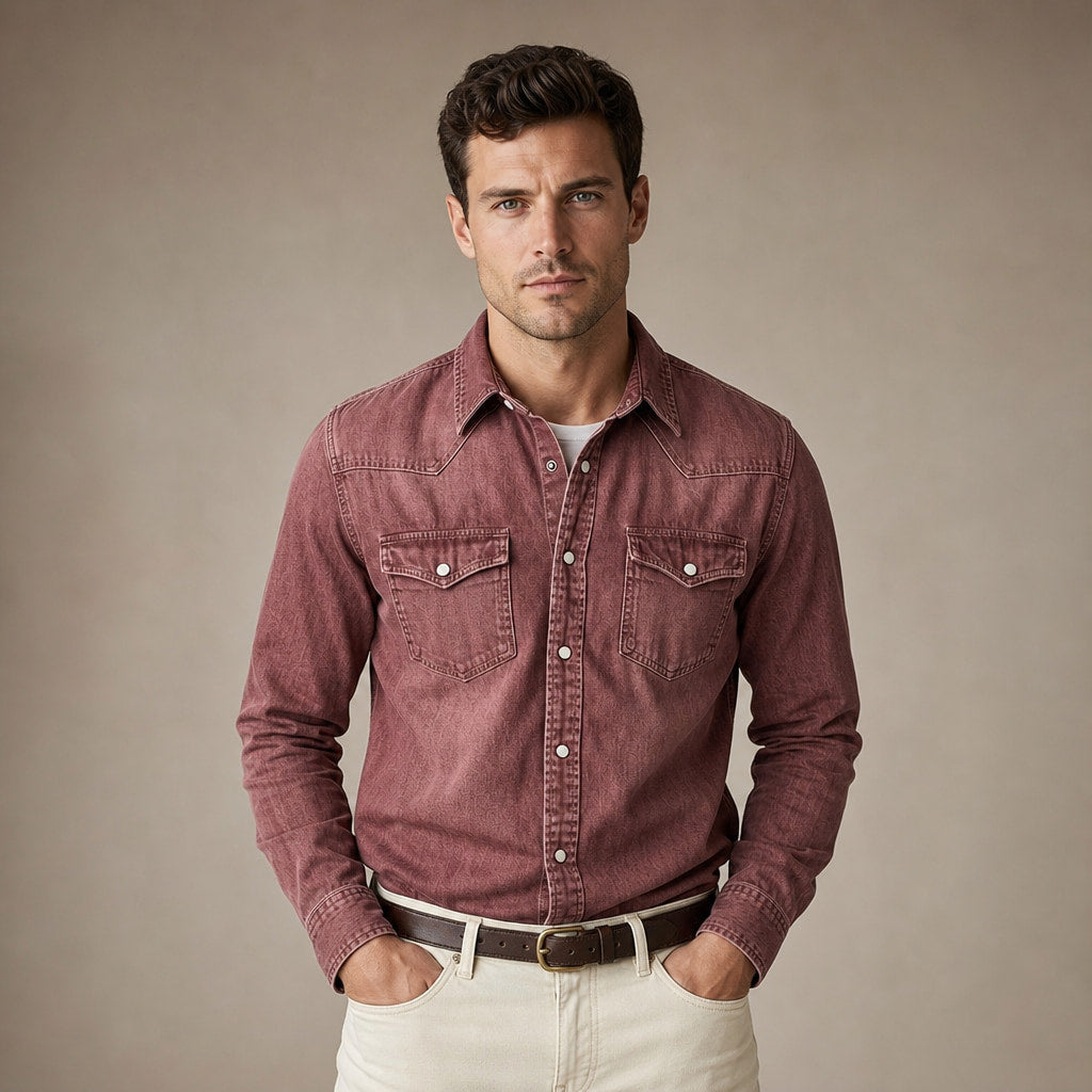Western Shirt Pearl Snap Washed Finish Red – Product Photo