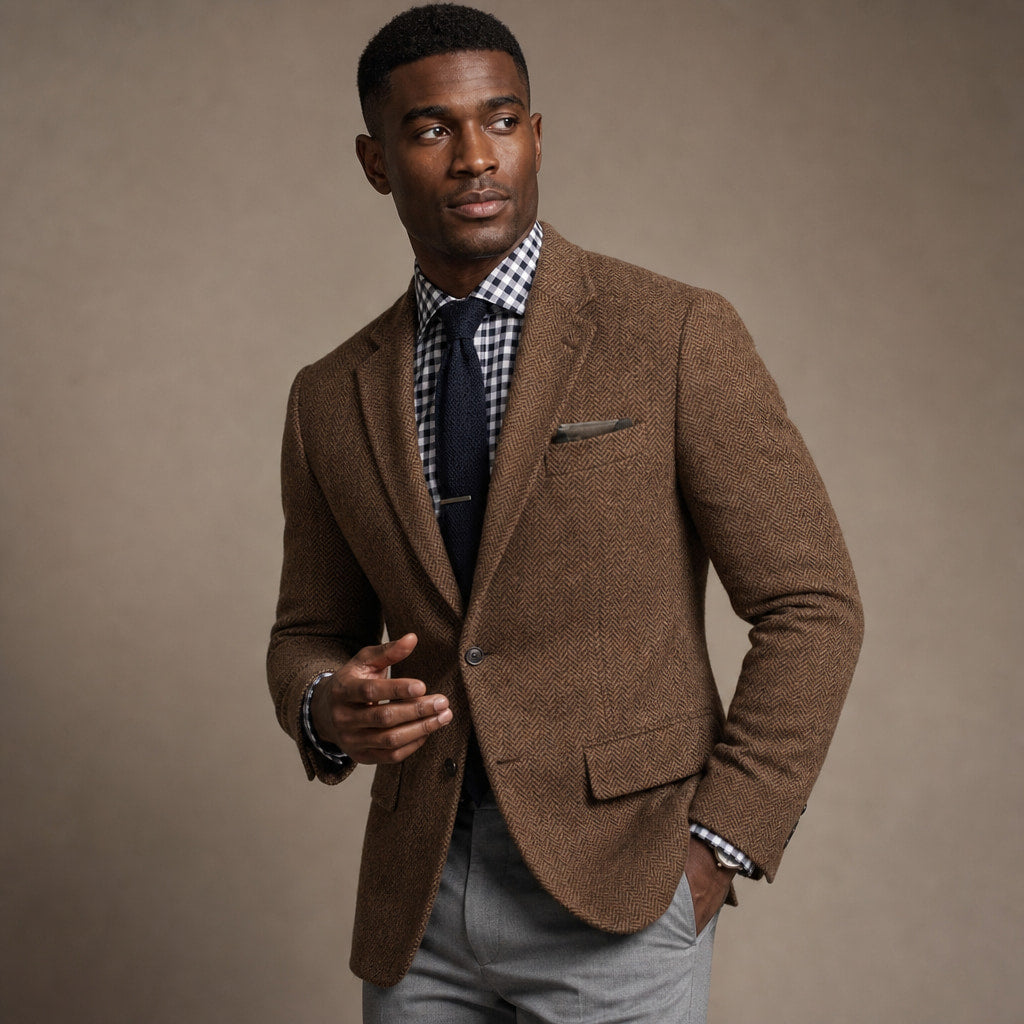 Herringbone Blazer Slim Fit Brown – Side Angle View