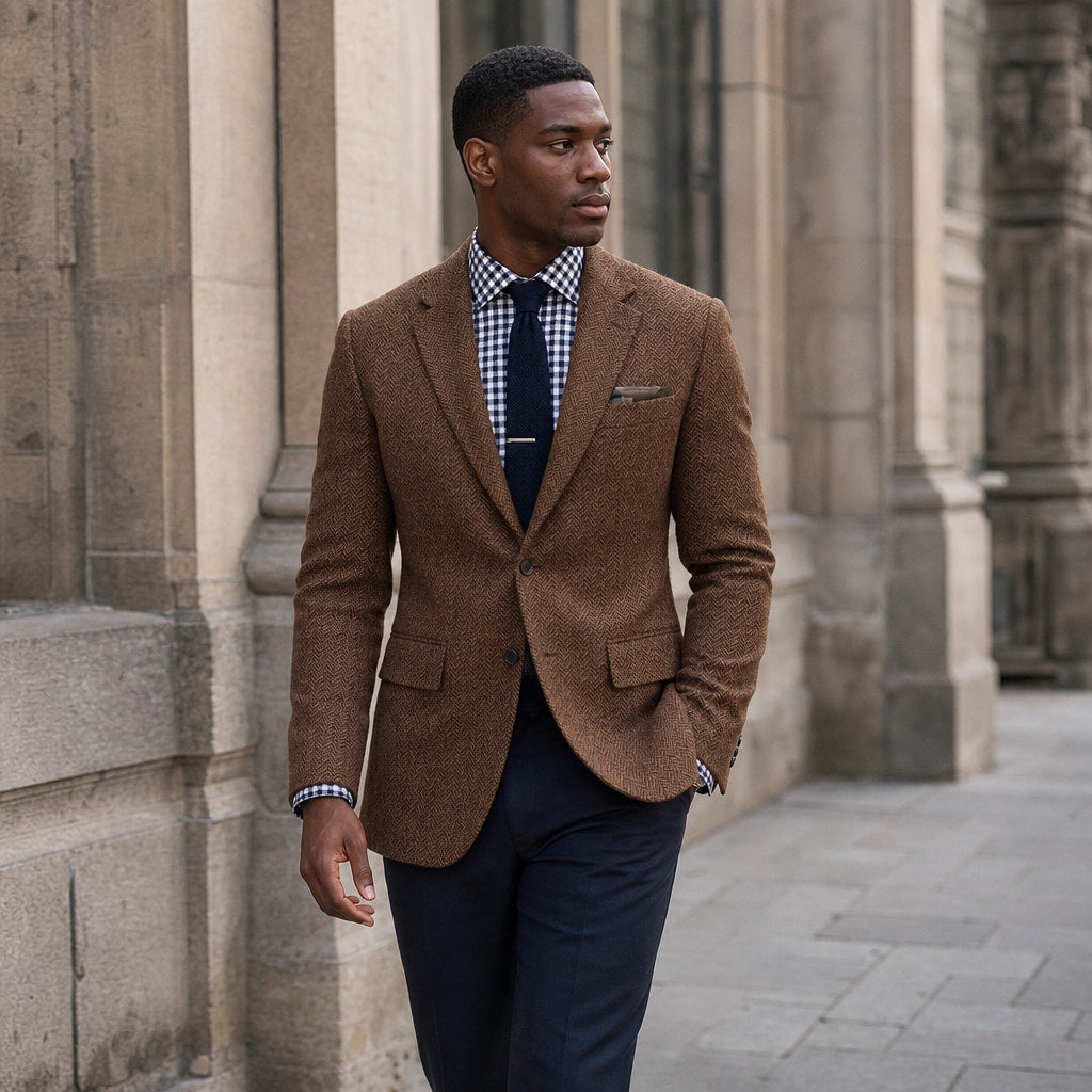 Herringbone Blazer Slim Fit Brown – Styled Editorial Shot