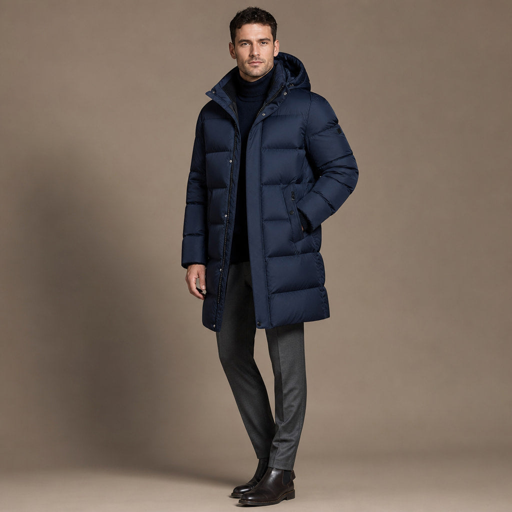 Packable Down Coat Hooded Parka Dark Blue – Side Angle View
