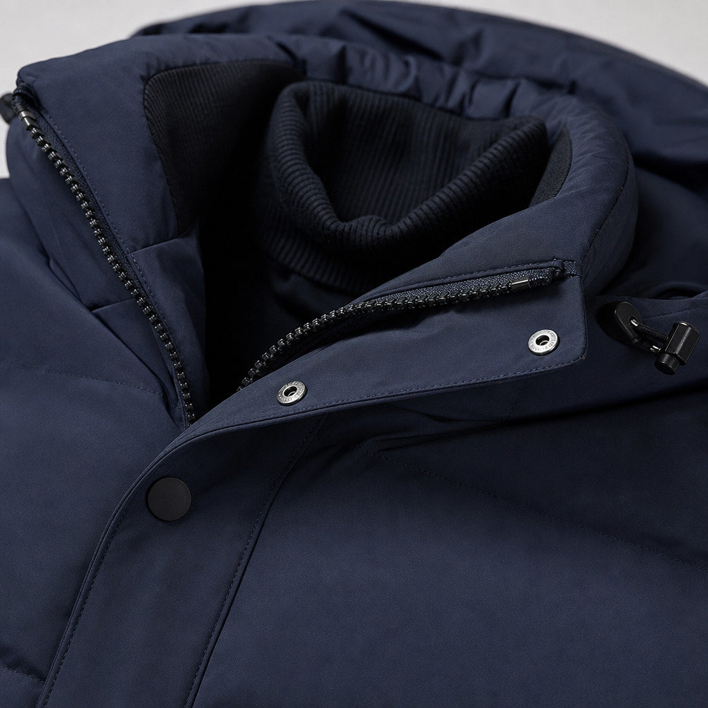 Packable Down Coat Hooded Parka Dark Blue – Fabric and Detail Close-Up