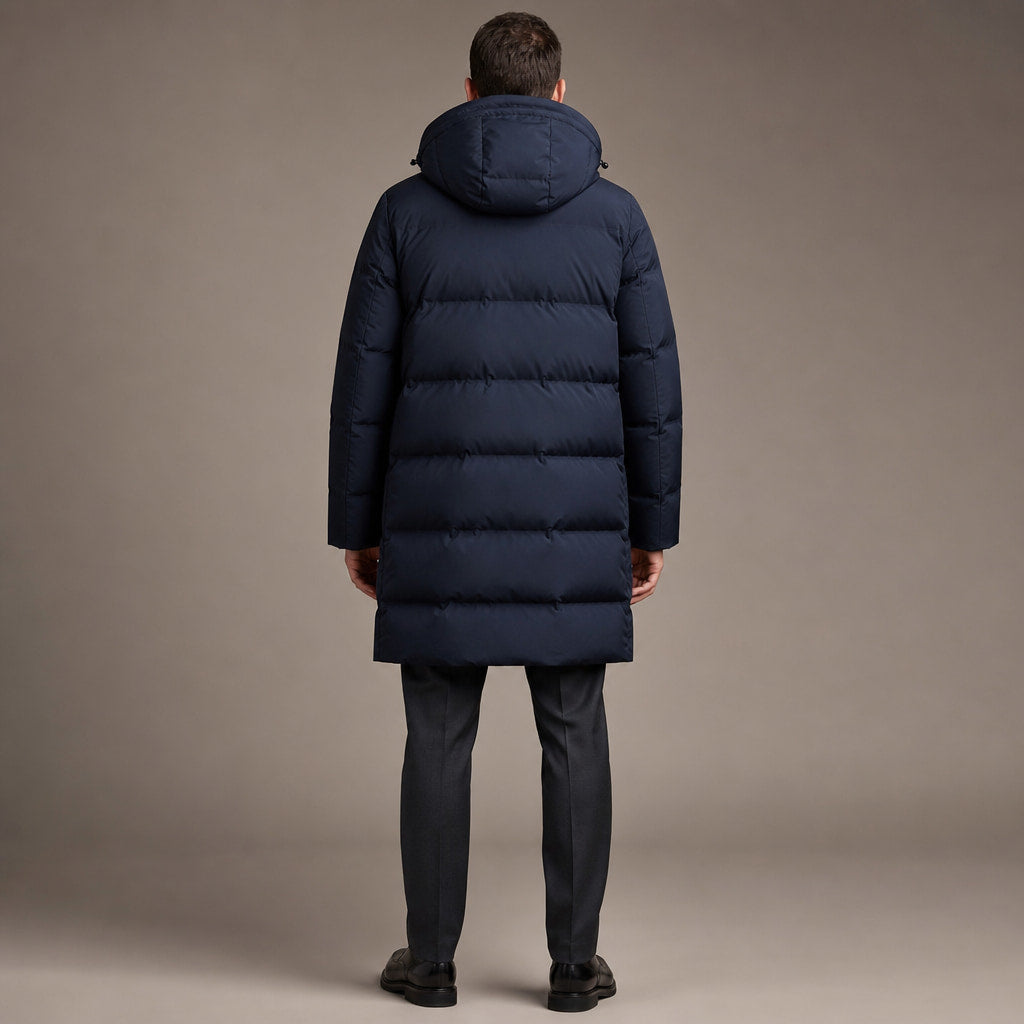 Packable Down Coat Hooded Parka Dark Blue – Full Look