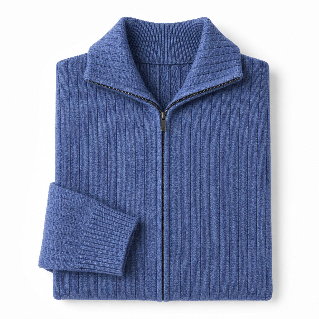 Cardigan Merino Wool Stand Collar Full Zip Blue – Product Photo