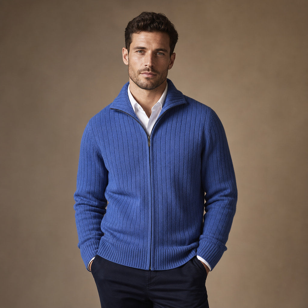 Cardigan Merino Wool Stand Collar Full Zip in Blue – Tarlano Premium Menswear