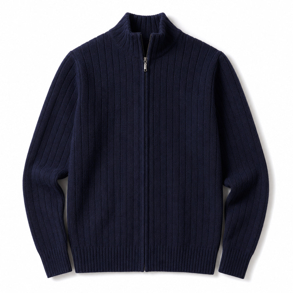 Cardigan Merino Wool Stand Collar Full Zip Dark Blue – Product Photo