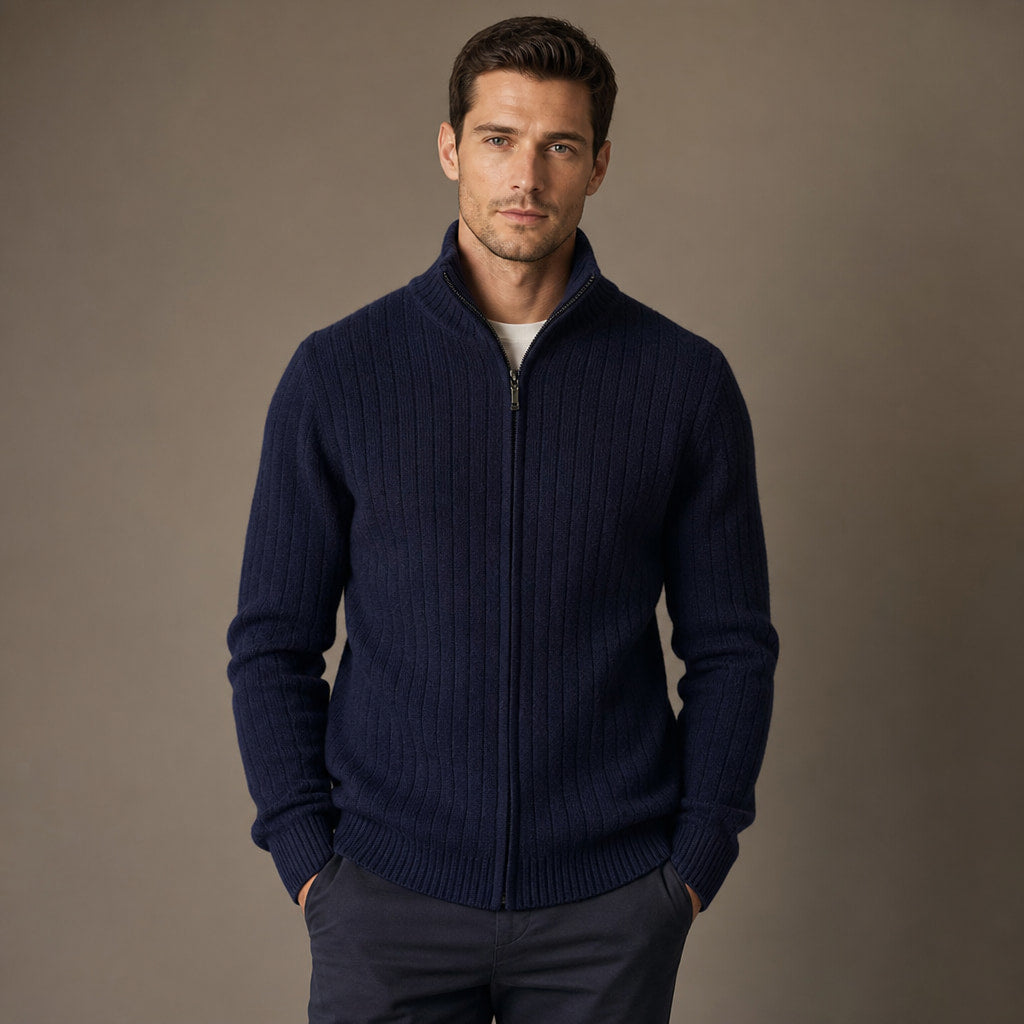 Cardigan Merino Wool Stand Collar Full Zip in Dark Blue – Tarlano Premium Menswear