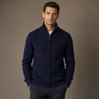 Cardigan Merino Wool Stand Collar Full Zip in Dark Blue – Tarlano Premium Menswear