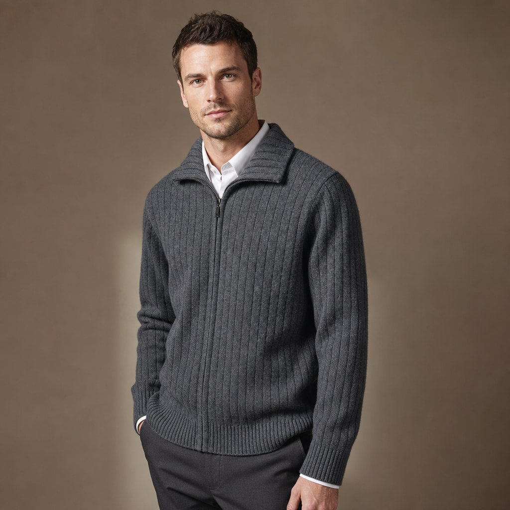 Cardigan Merino Wool Stand Collar Full Zip Dark Gray – Side Angle View
