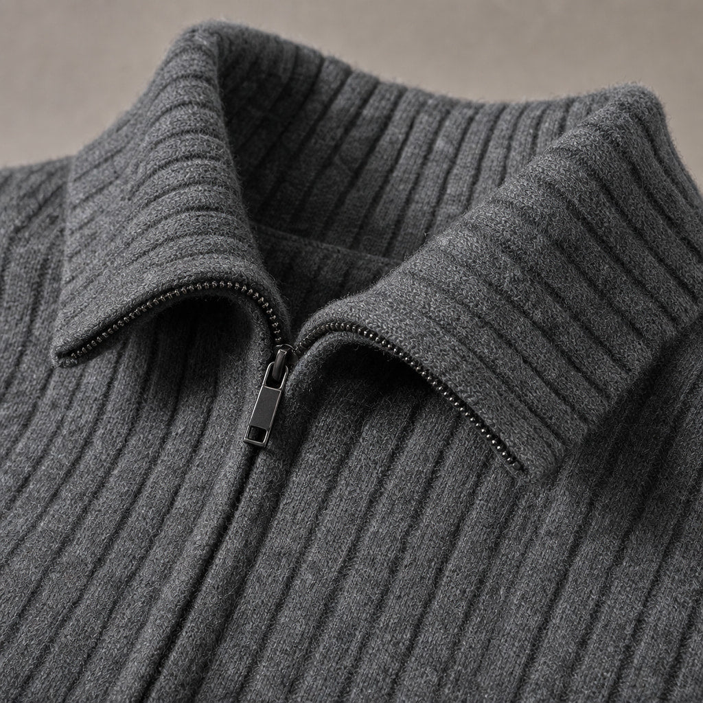 Cardigan Merino Wool Stand Collar Full Zip Dark Gray – Fabric and Detail Close-Up