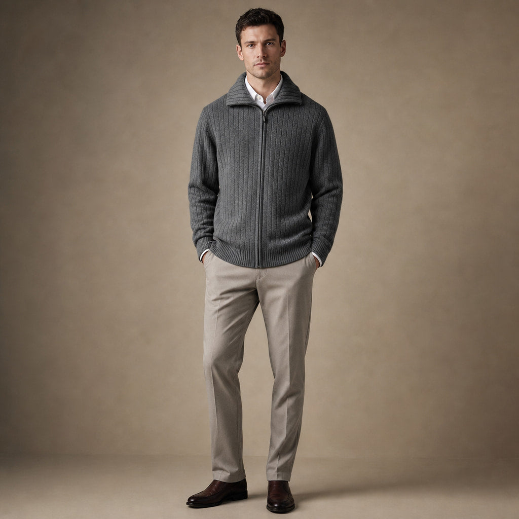 Cardigan Merino Wool Stand Collar Full Zip Dark Gray – Full Look