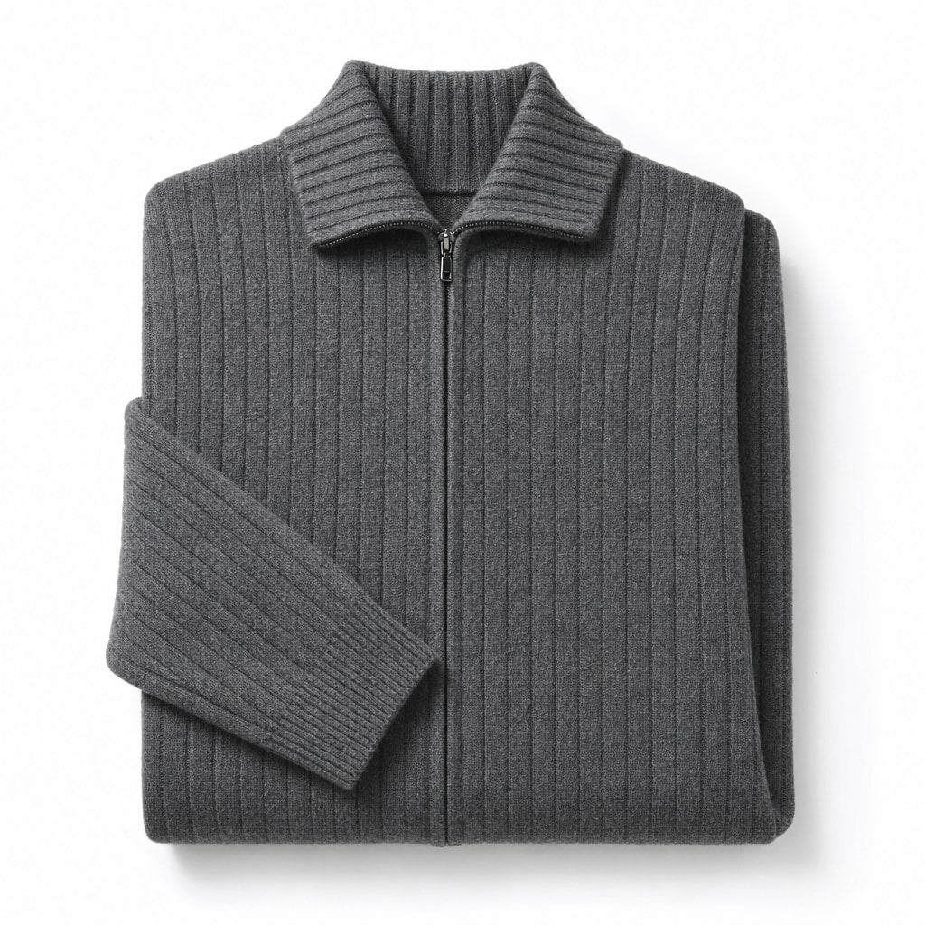 Cardigan Merino Wool Stand Collar Full Zip Dark Gray – Product Photo