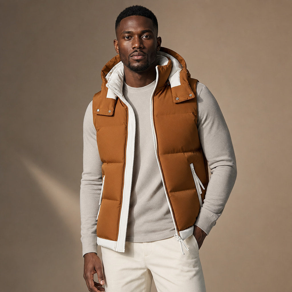 Puffer Vest Detachable Hood Insulated Khaki – Product Photo