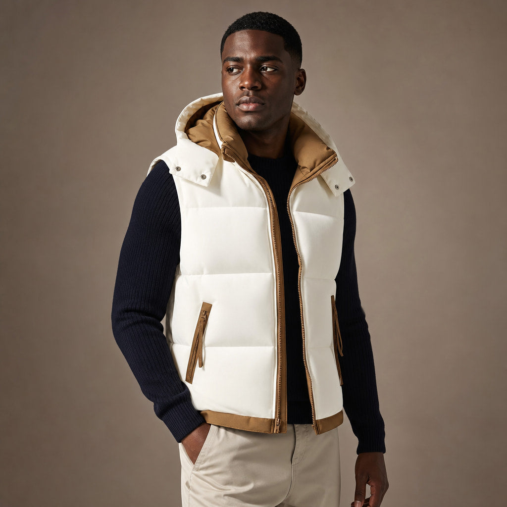 Puffer Vest Detachable Hood Insulated White – Side Angle View