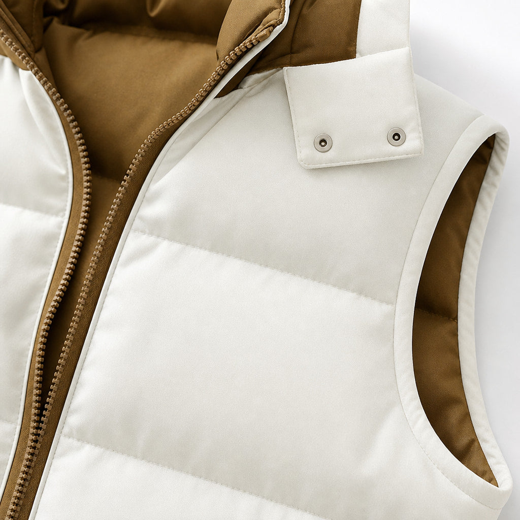 Puffer Vest Detachable Hood Insulated White – Fabric and Detail Close-Up