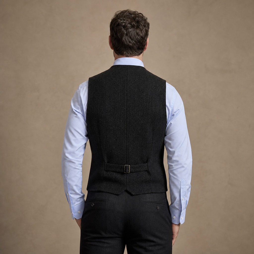 Herringbone Waistcoat Tweed Black – Side Angle View