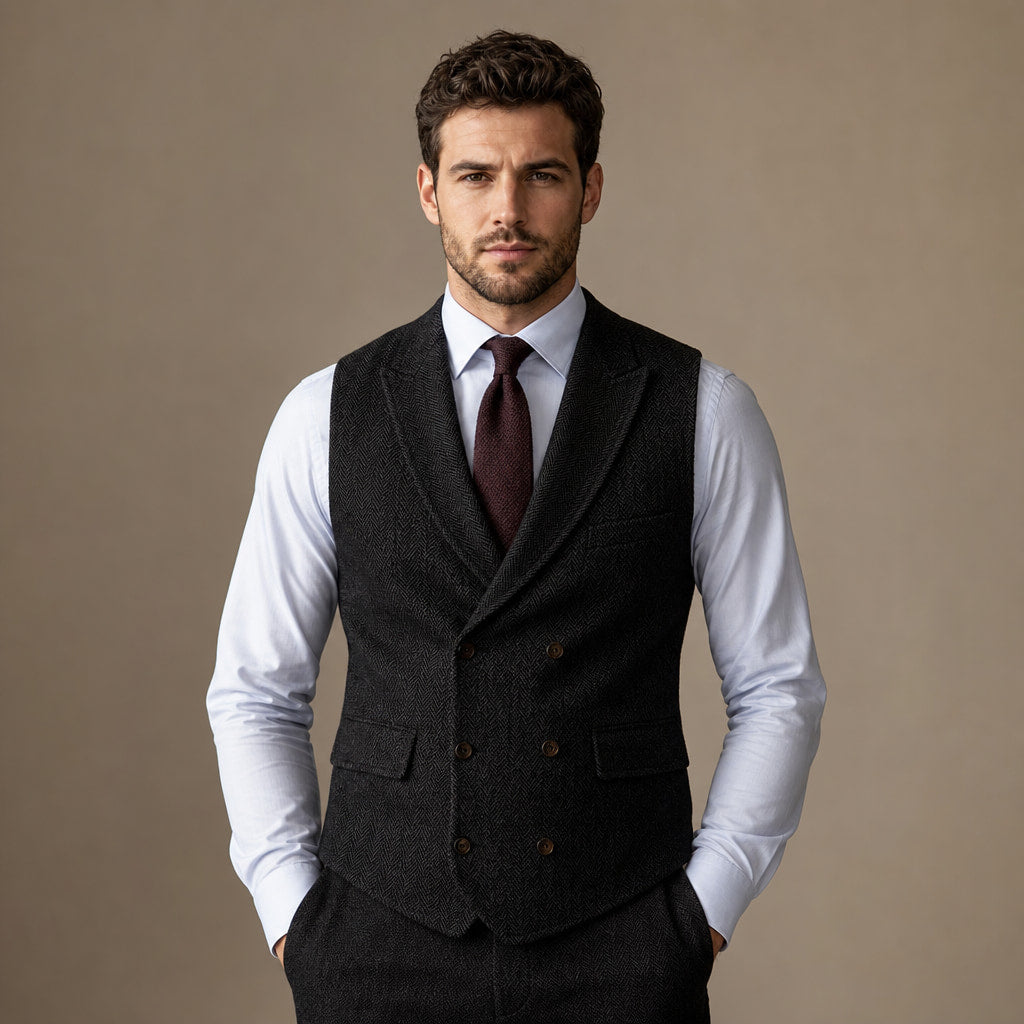 Herringbone Waistcoat Tweed Black – Full Look