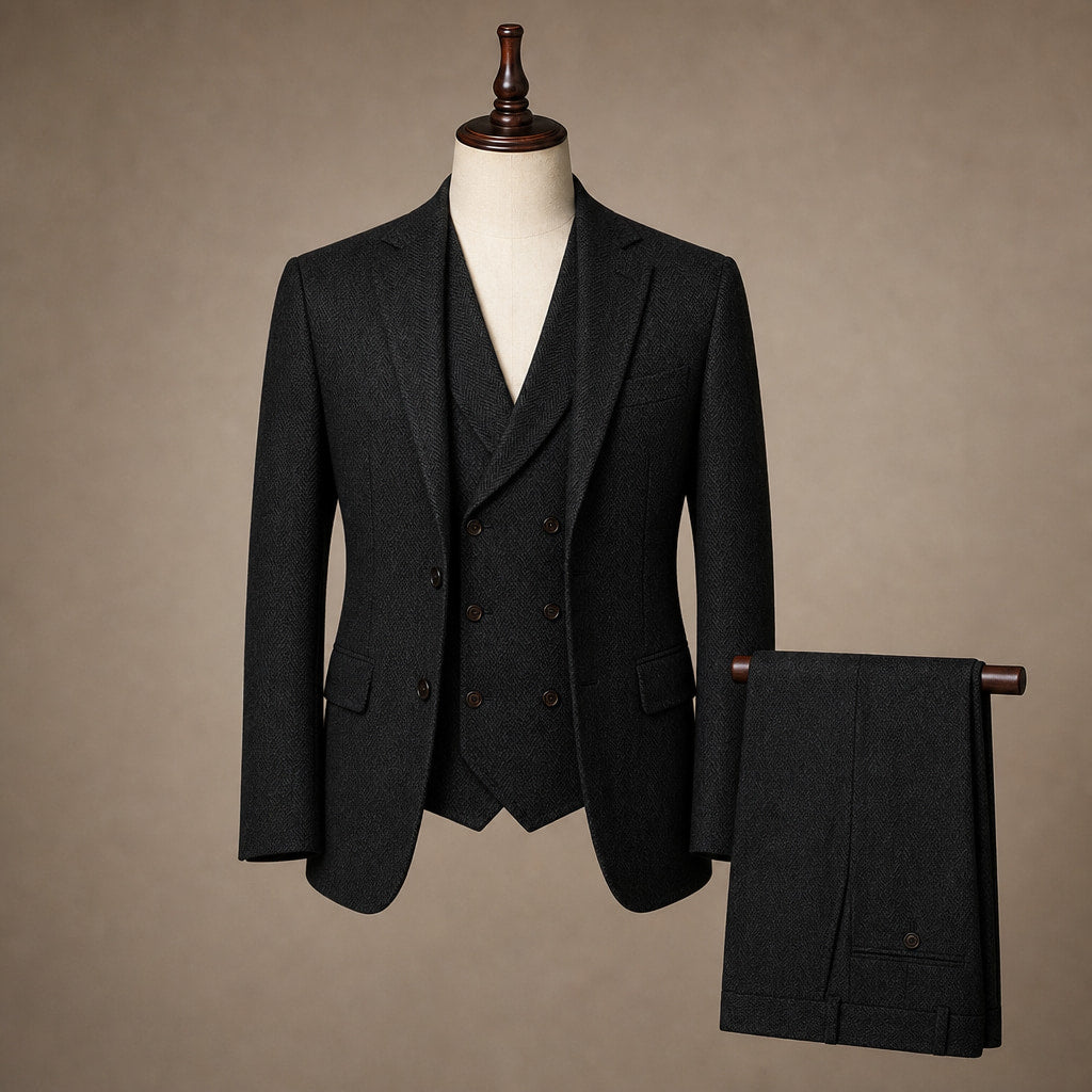 Herringbone Waistcoat Tweed Black – Product Photo