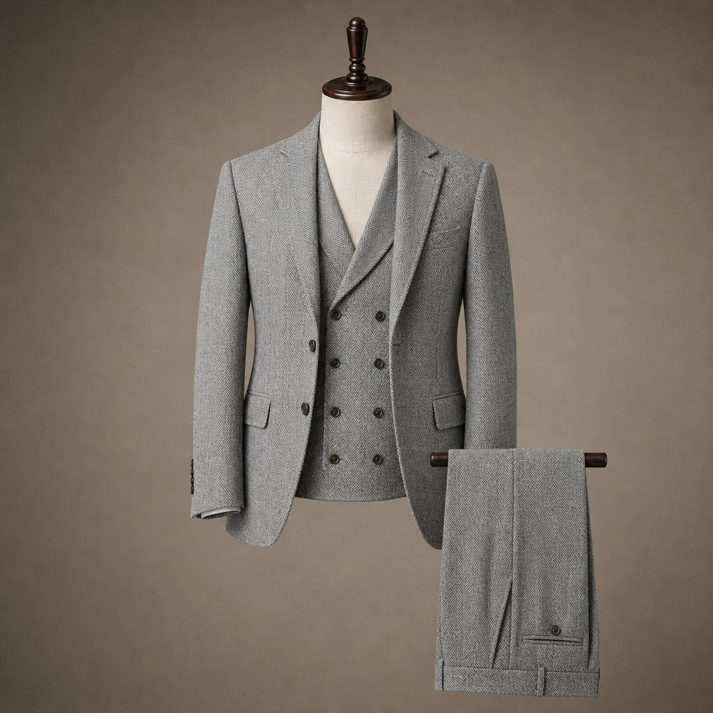 Herringbone Waistcoat Tweed Gray – Product Photo