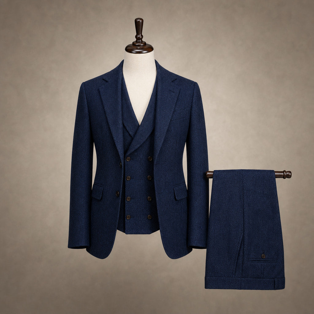 Herringbone Waistcoat Tweed Navy – Product Photo