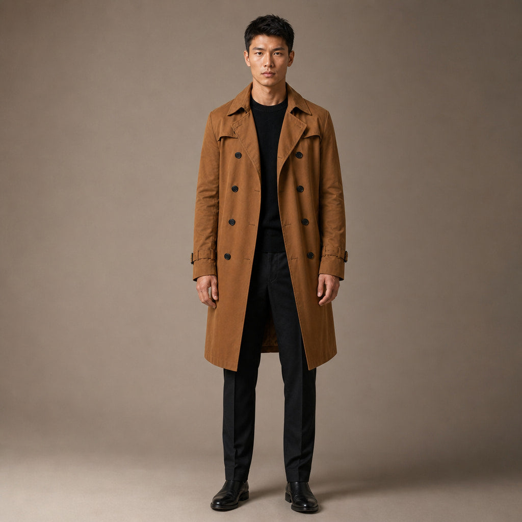 Double Breasted Trench Coat Knee-Length Polyester in Brown – Tarlano Premium Menswear