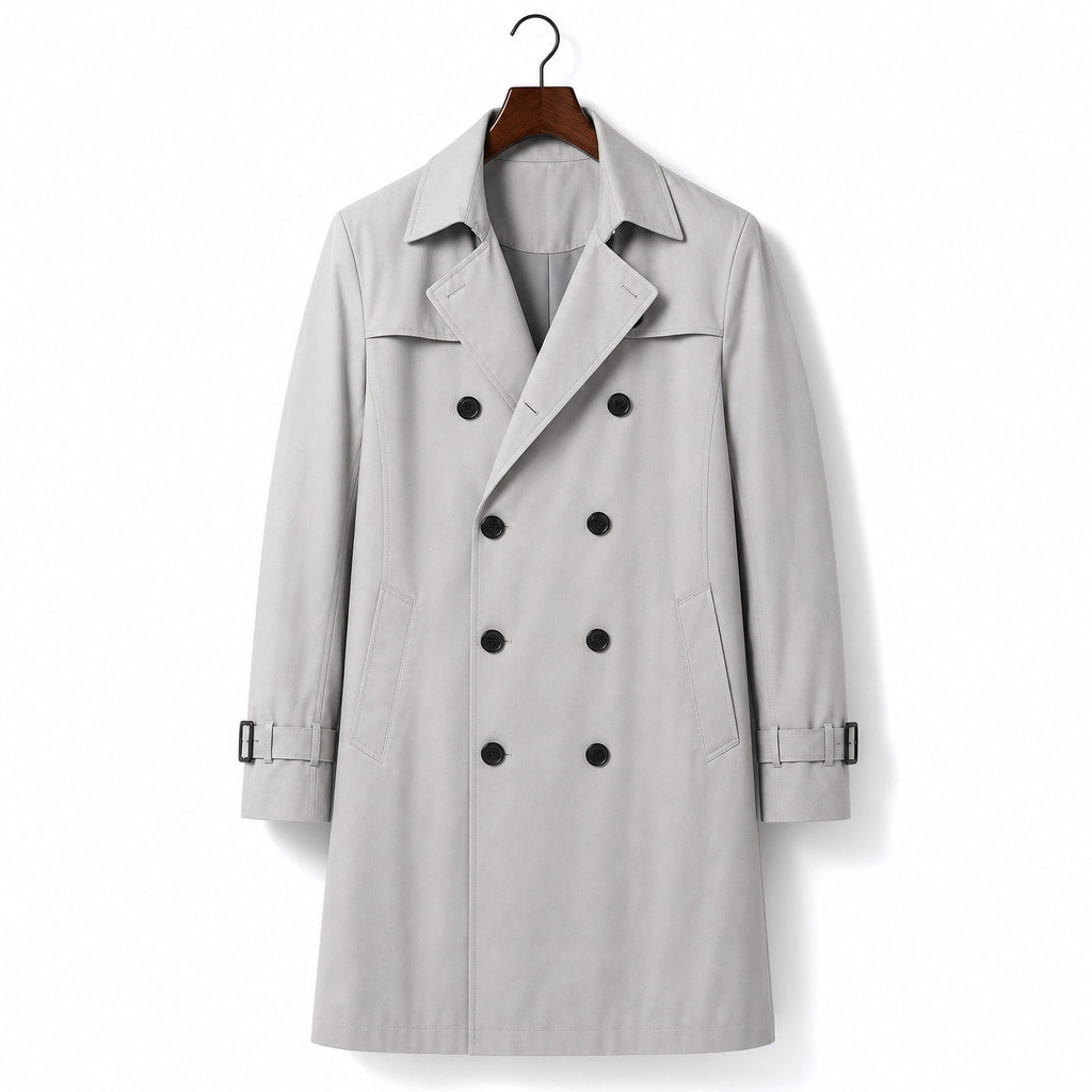 Double Breasted Trench Coat Knee-Length Polyester Gray – Product Photo