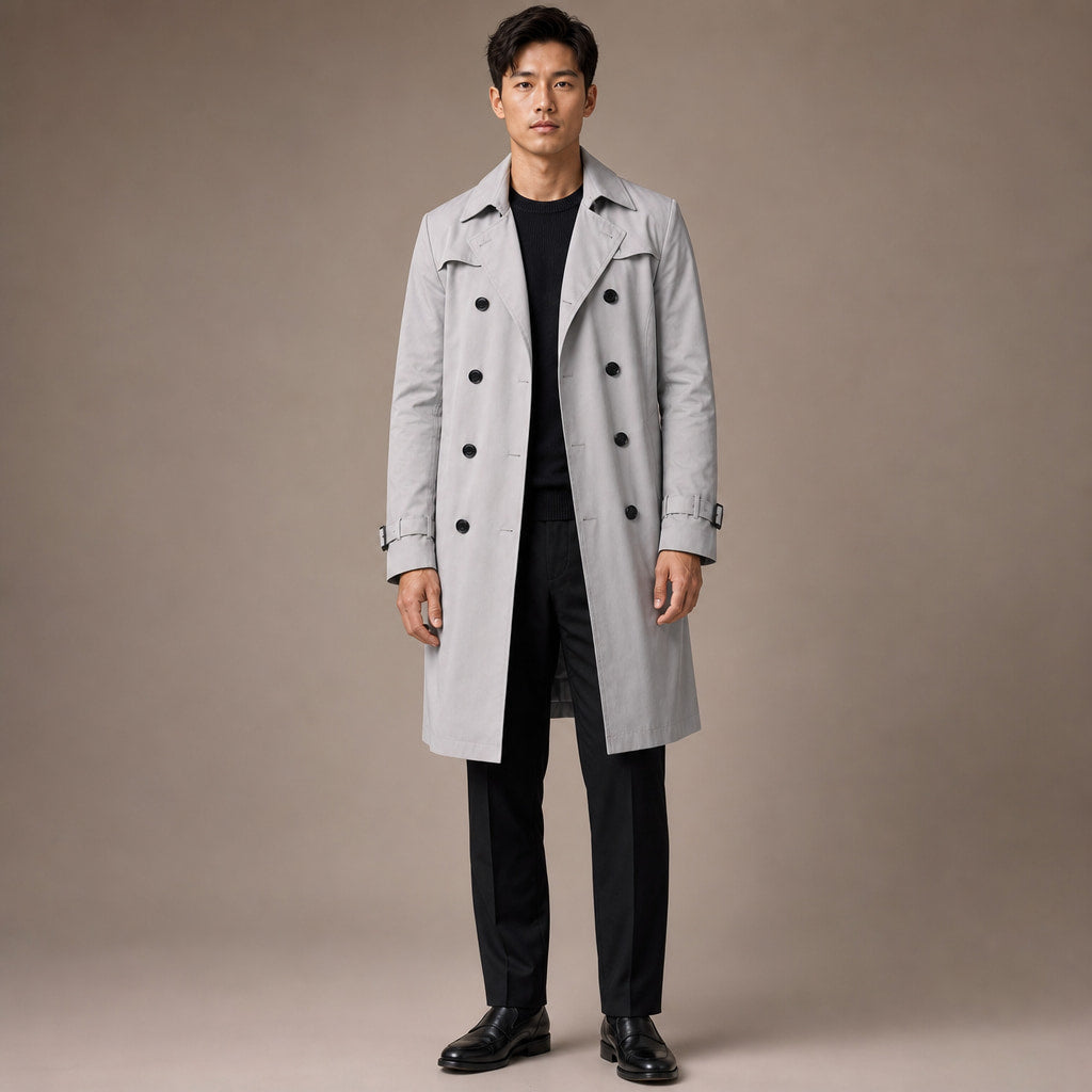 Double Breasted Trench Coat Knee-Length Polyester in Gray – Tarlano Premium Menswear