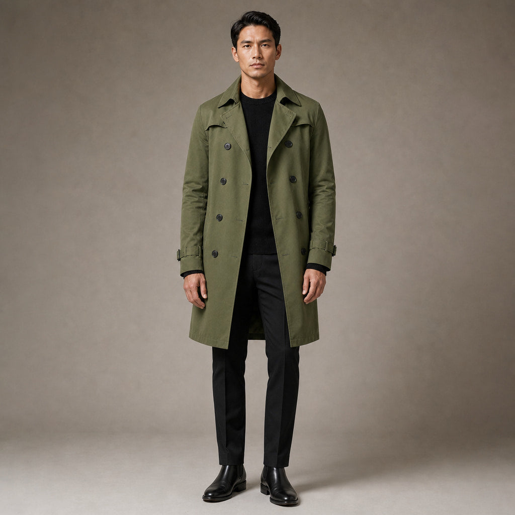 Double Breasted Trench Coat Knee-Length Polyester in Green – Tarlano Premium Menswear
