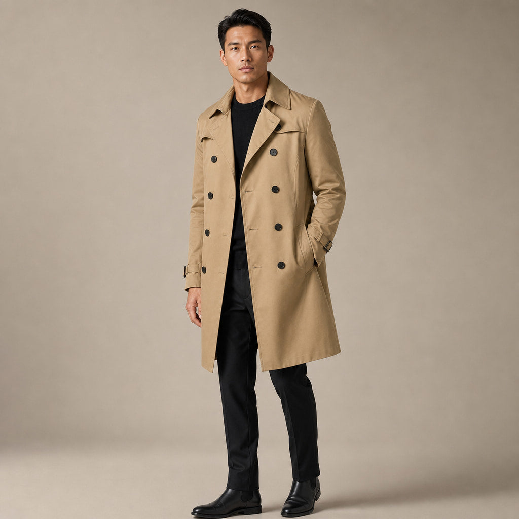 Double Breasted Trench Coat Knee-Length Polyester Khaki – Side Angle View