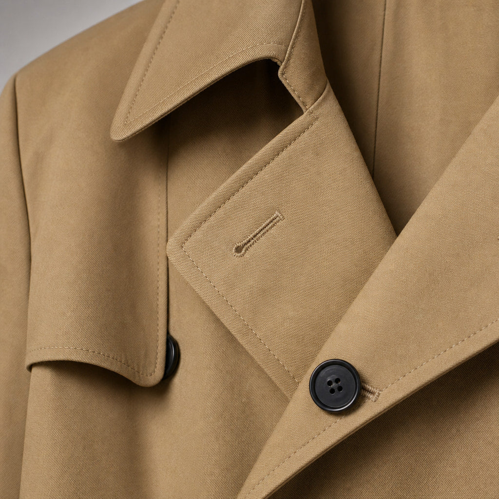 Double Breasted Trench Coat Knee-Length Polyester Khaki – Fabric and Detail Close-Up