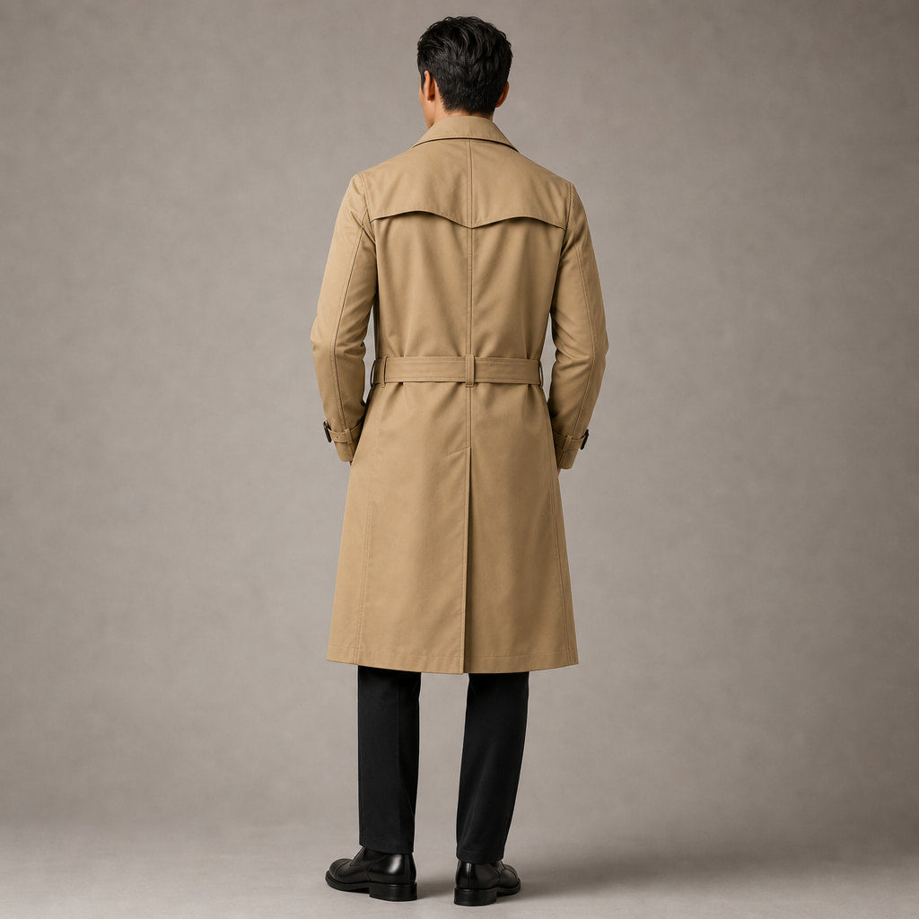 Double Breasted Trench Coat Knee-Length Polyester Khaki – Full Look