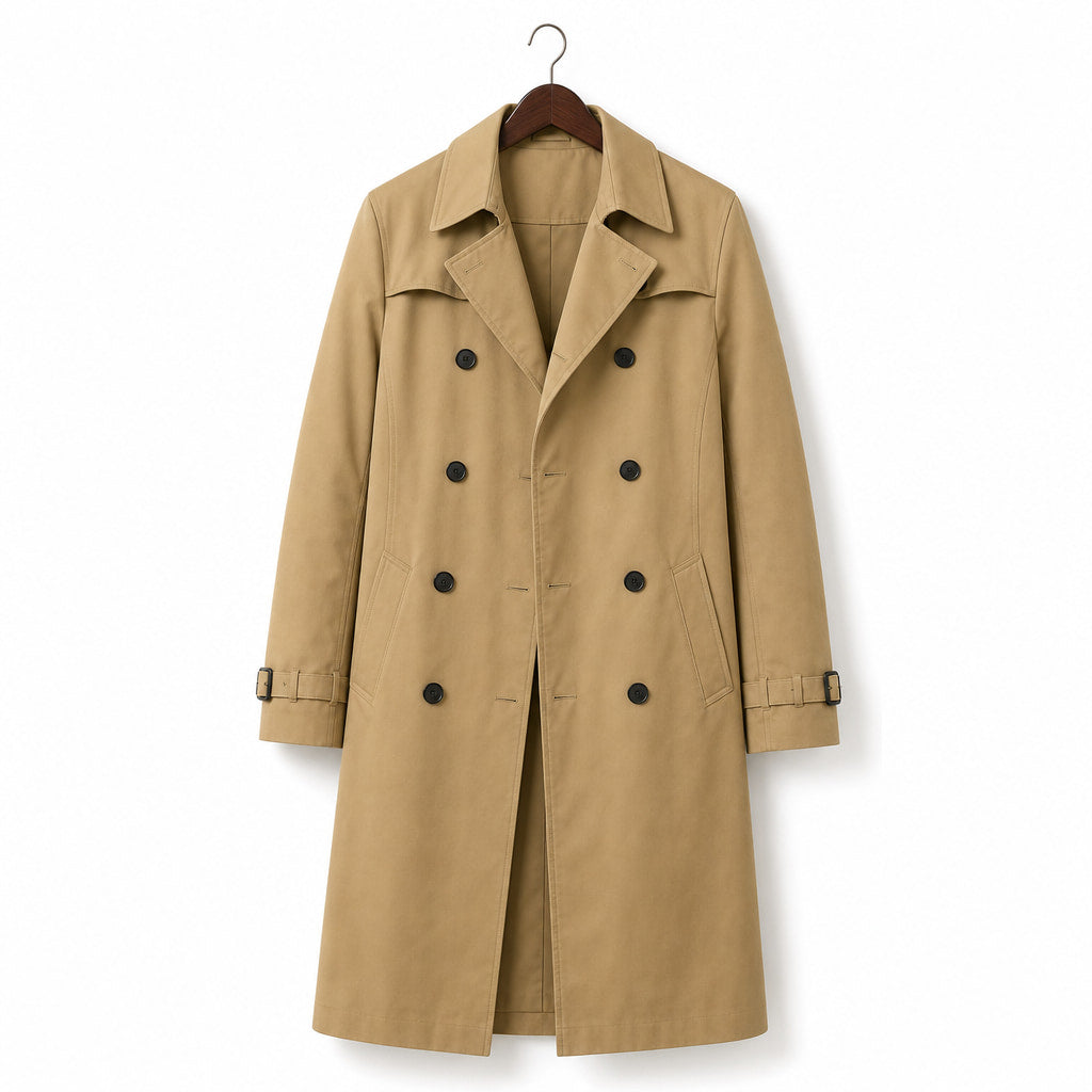 Double Breasted Trench Coat Knee-Length Polyester Khaki – Product Photo