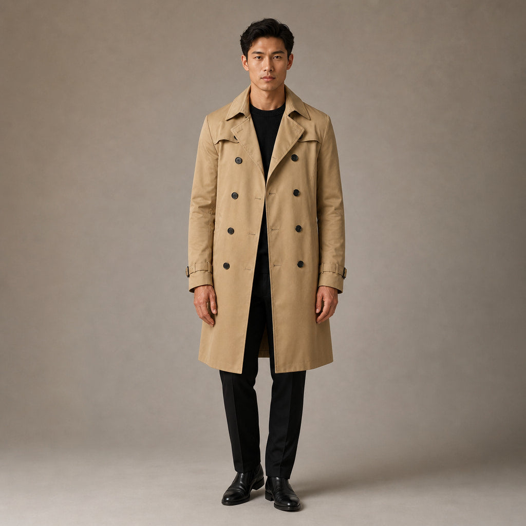Double Breasted Trench Coat Knee-Length Polyester in Khaki – Tarlano Premium Menswear