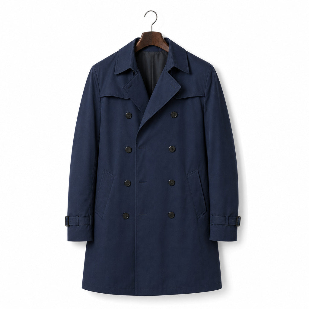 Double Breasted Trench Coat Knee-Length Polyester Navy – Product Photo