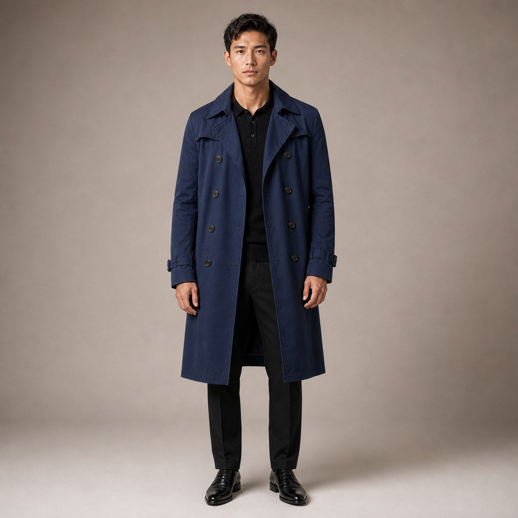 Double Breasted Trench Coat Knee-Length Polyester in Navy – Tarlano Premium Menswear