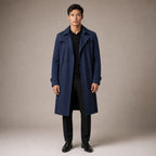 Double Breasted Trench Coat Knee-Length Polyester in Navy – Tarlano Premium Menswear