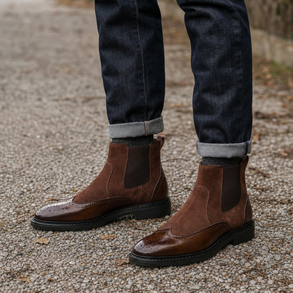 Chukka Boots Leather Cushioned Sole Cognac Brown – Styled Editorial Shot