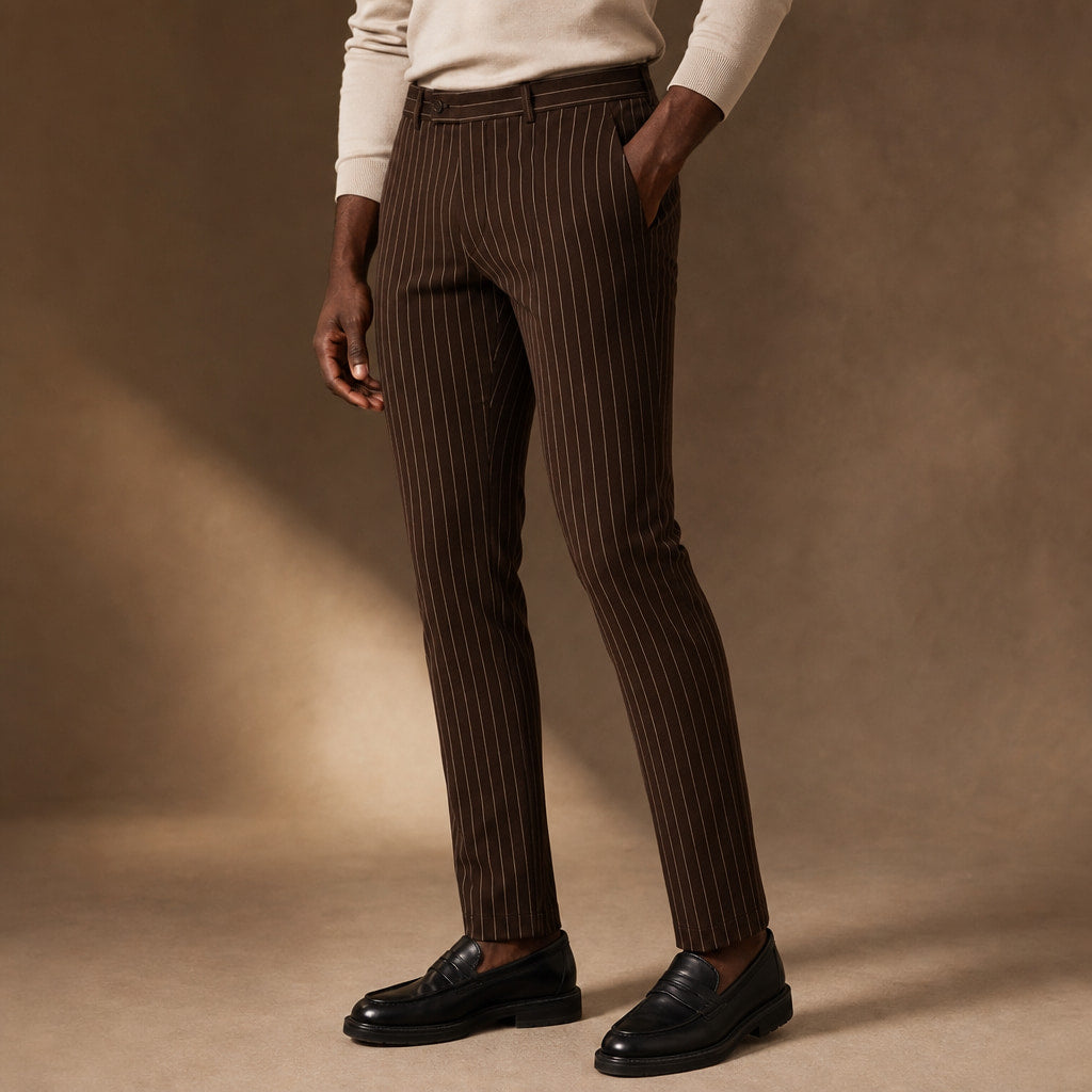 Striped Dress Pants Slim Fit Brown – Side Angle View