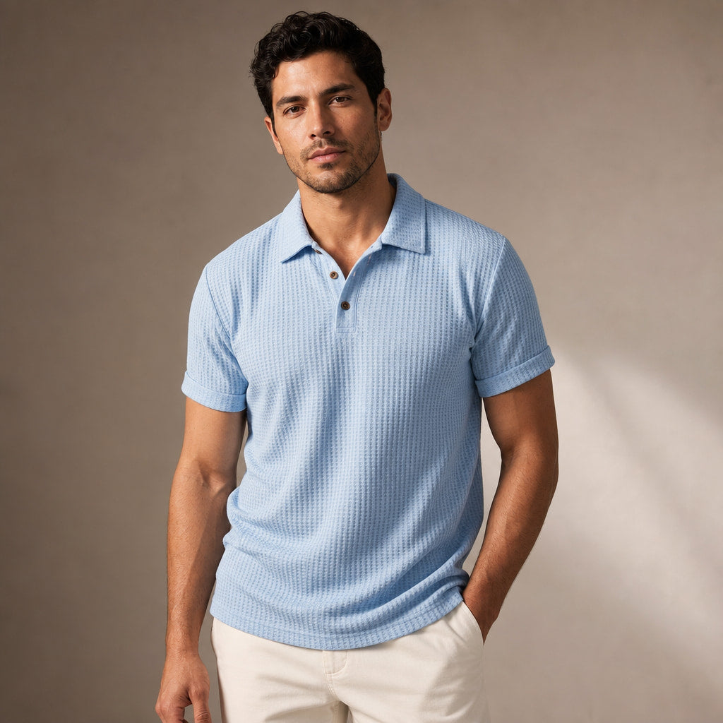 Polo Shirt Textured Knit Regular Fit Blue – Product Photo