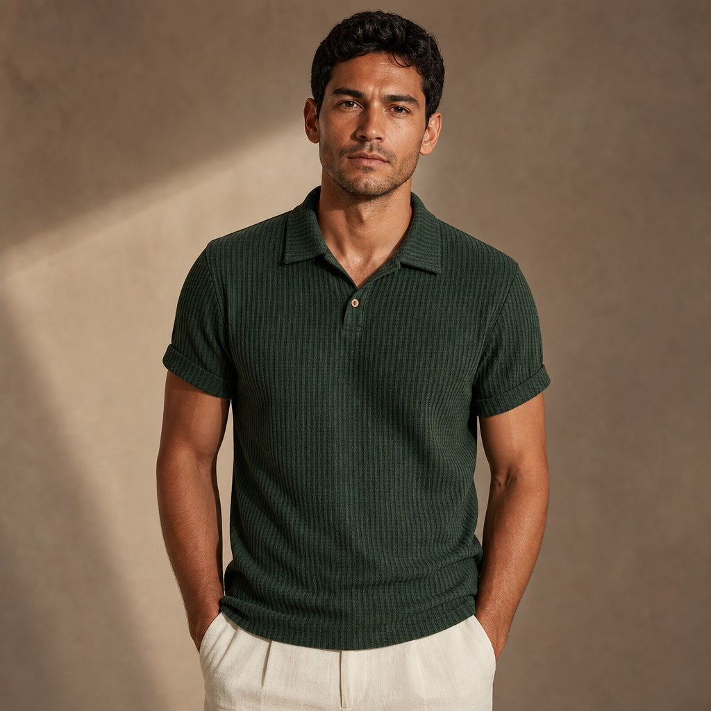 Polo Shirt Textured Knit Regular Fit Dark Green – Product Photo