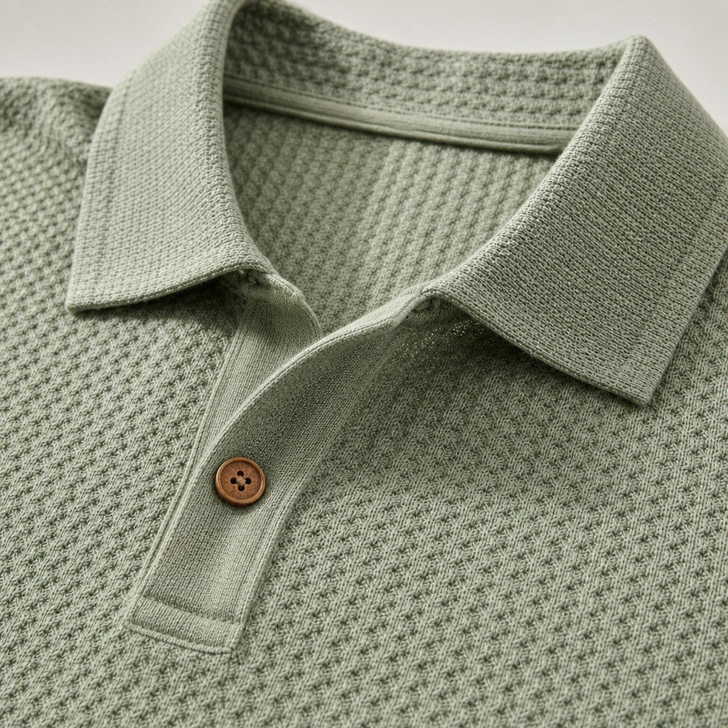 Polo Shirt Textured Knit Regular Fit Green – Fabric and Detail Close-Up