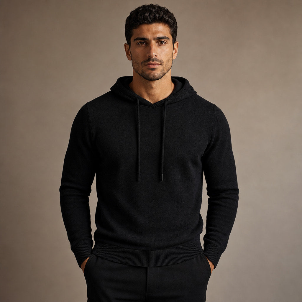 Drawstring Hoodie Fine Knit Relaxed Fit in Black – Tarlano Premium Menswear