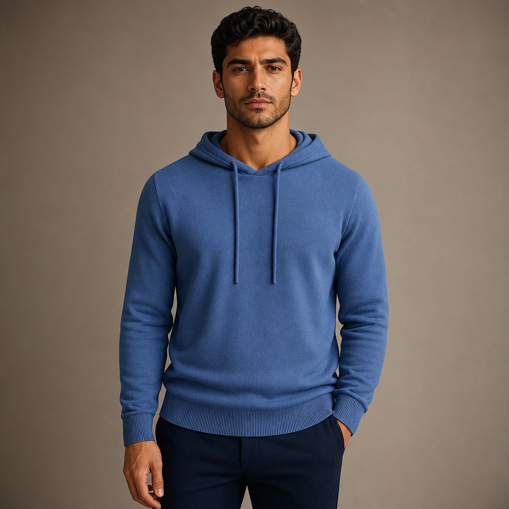 Drawstring Hoodie Fine Knit Relaxed Fit in Blue – Tarlano Premium Menswear