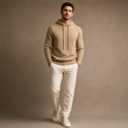Drawstring Hoodie Fine Knit Relaxed Fit Khaki – Side Angle View
