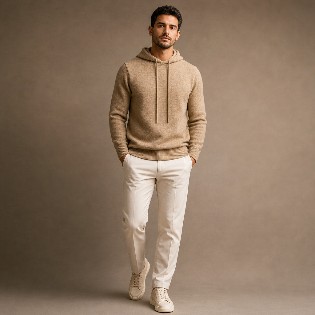 Drawstring Hoodie Fine Knit Relaxed Fit Khaki – Side Angle View