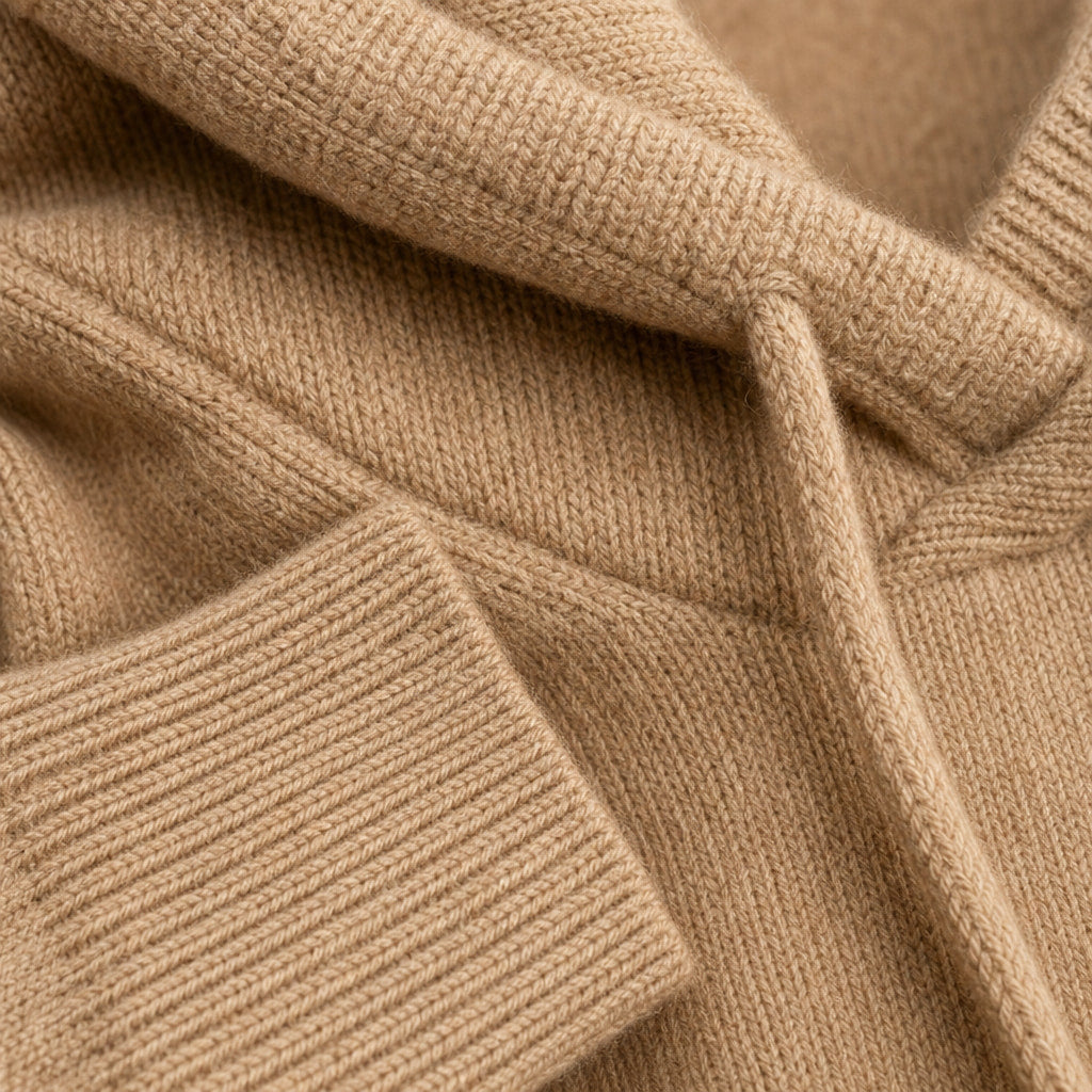 Drawstring Hoodie Fine Knit Relaxed Fit Khaki – Fabric and Detail Close-Up