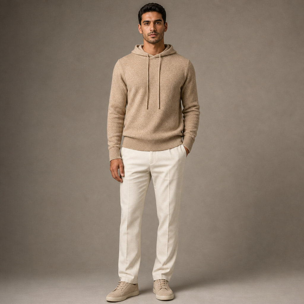 Drawstring Hoodie Fine Knit Relaxed Fit Khaki – Full Look