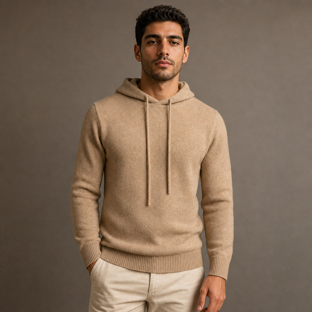 Drawstring Hoodie Fine Knit Relaxed Fit in Khaki – Tarlano Premium Menswear