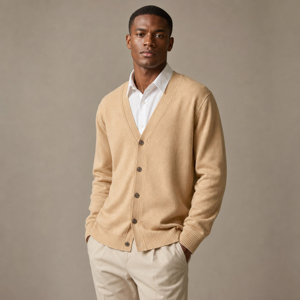 Cardigan Soft Knit Button Front Camel – Side Angle View